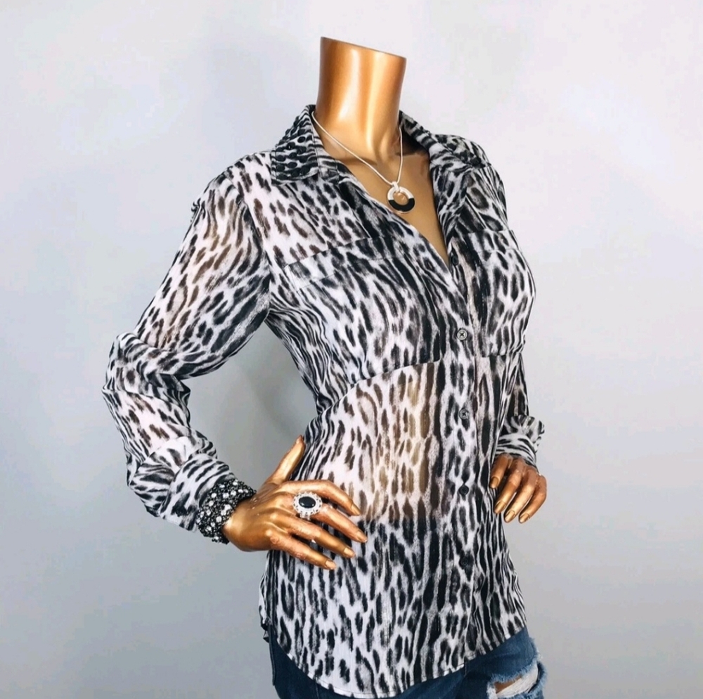 MICHAEL KORS XL BLACK AND SILVER ANIMAL PRINT WOMENS FANCY LONG SLEEVE SHIRT XL
